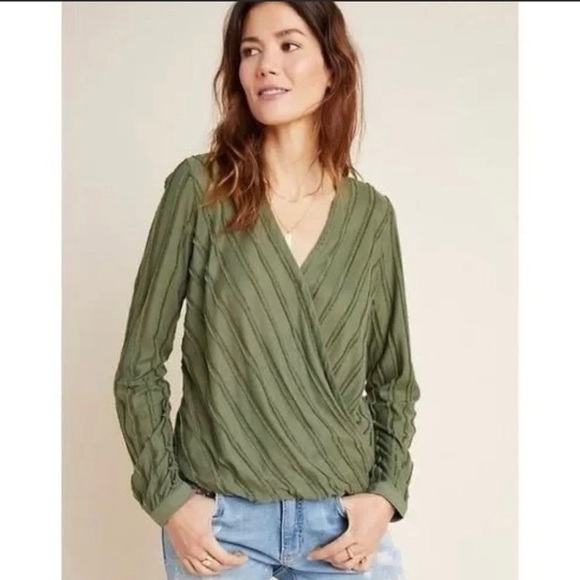 Anthropologie Maeve Audre Long Sleeve Faux WrapTextured Surplice Striped Top - Picture 1 of 5